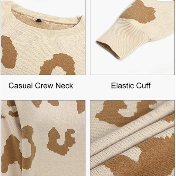 Casual Leopard Print Sweater Loose Long Sleeve Crew Neck Knit Pullover Tops - Picture 4 of 5